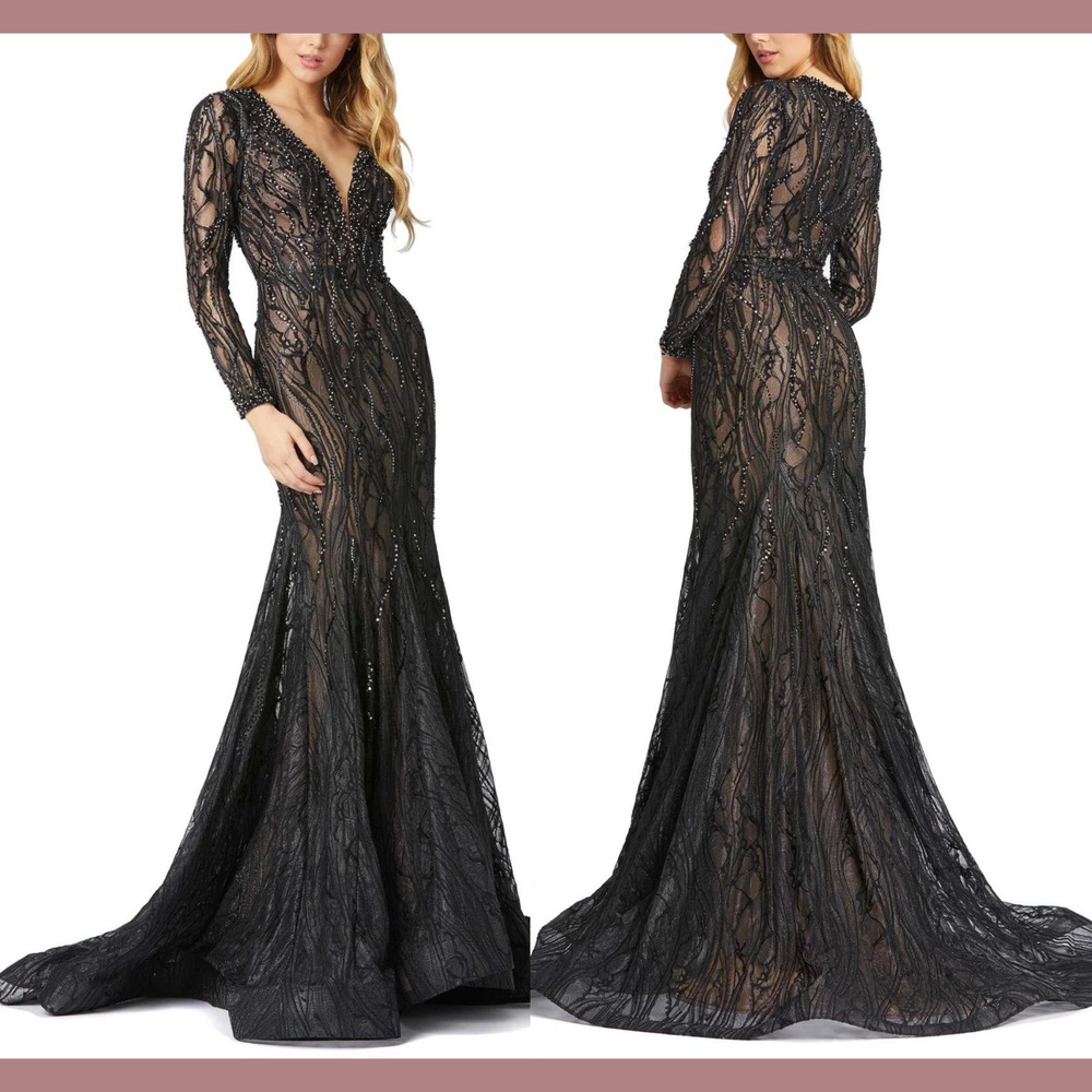 NWT Mac Duggal [ 12 ] 79291 Beaded Lace Long Sleeve Plunge Neck Gown Black J2473